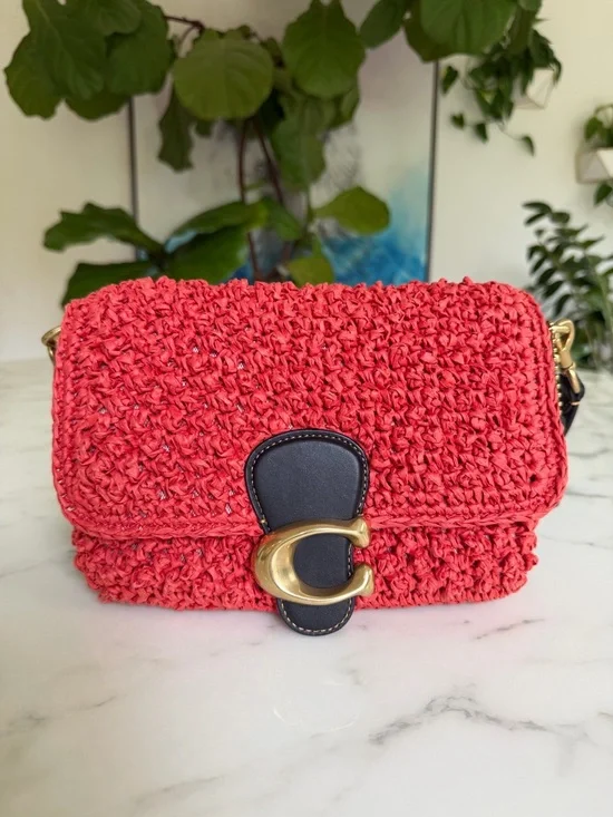 Coach Straw Soft Tabby Shoulder Crossbody Bag Red Orange Black Brass Woven CA032 - Picture 2 of 16